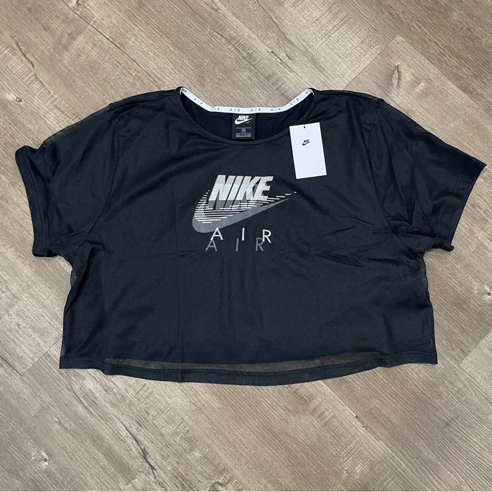 NEW Nike‎ Air Womens 2X Black Mesh Double Layer Graphic Crop Top Short Sleeve
